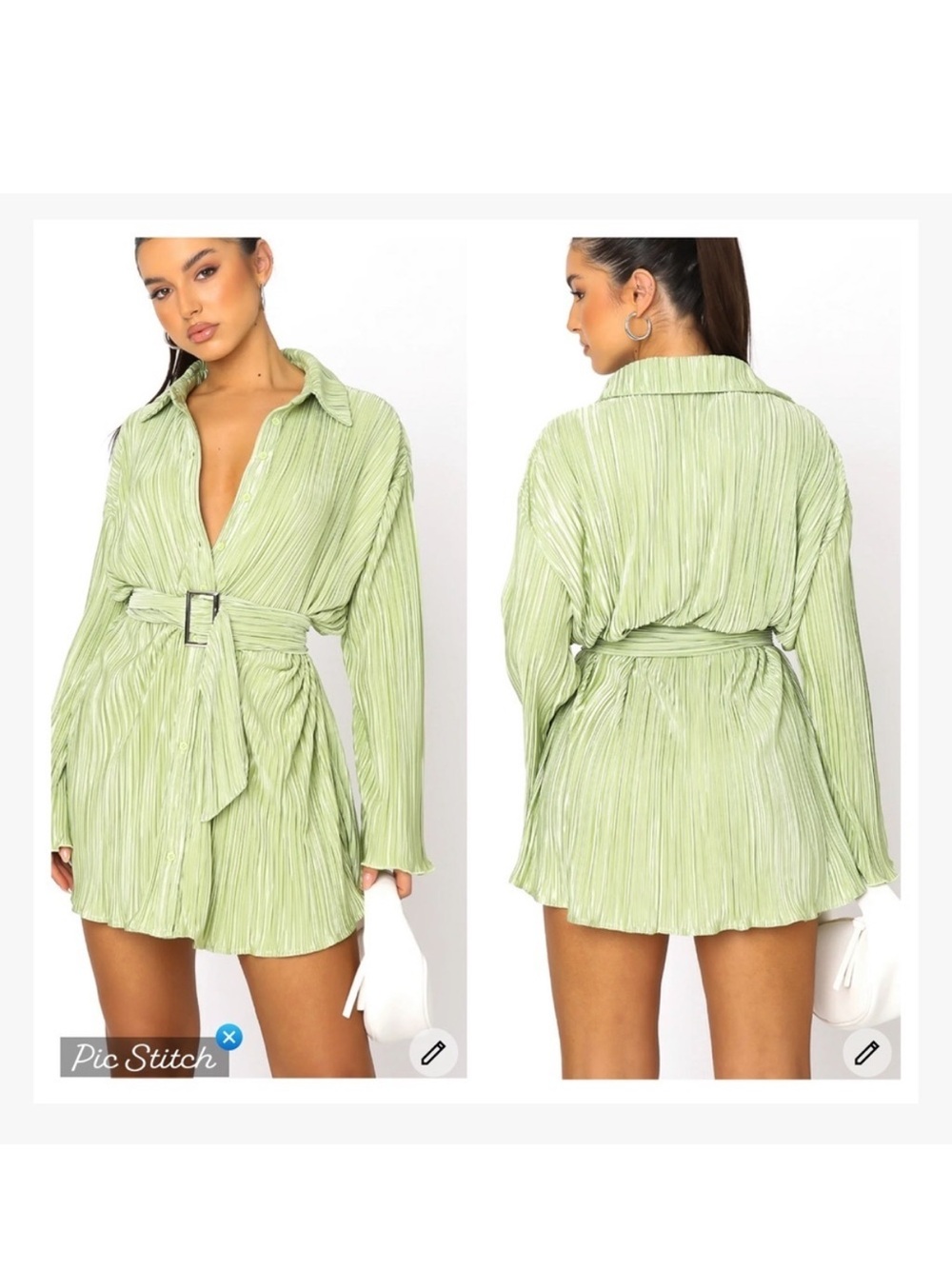White Fox Boutique Sage Green Pleated Long Sleeve Dress